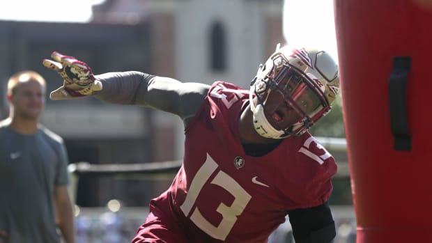 FSU's Joshua Kaindoh works out during their opening practice for fall camp at the Al Dunlap Training Facility Monday, Aug. 6, 2018. 636691563414364535-B49I3209.jpg
